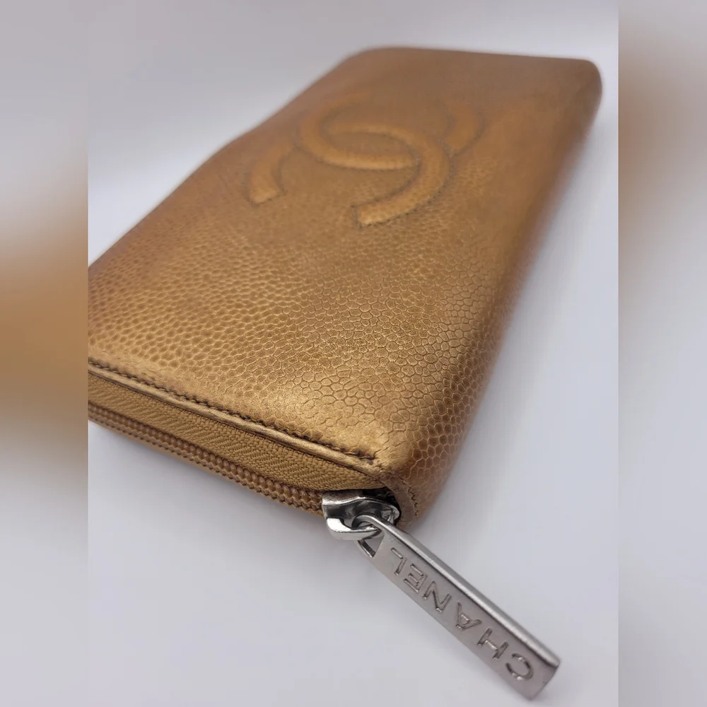 Chanel Bronze Caviar Leather Zip Around Wallet / Clutch